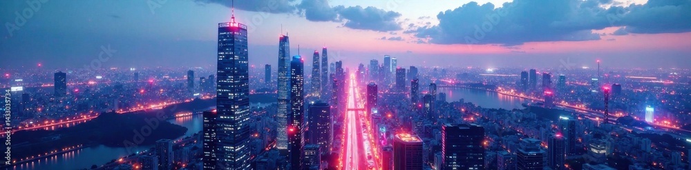 Fototapeta premium Futuristic cityscape at night with skyscrapers and neon lights against a white futuristic background, cityscape, architecture, neon