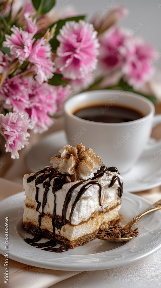 Slice of Tiramisu with Coffee and Flowers Slice of Tiramisu with Coffee and Flowers