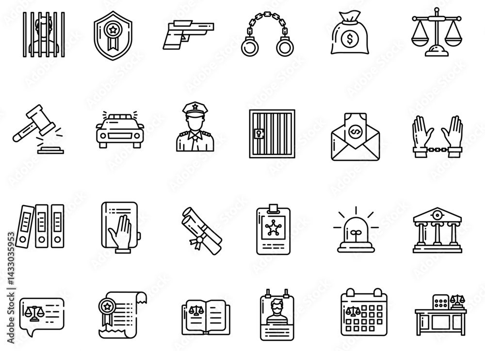 Fototapeta premium Law and justice set of web icons in linear style. Justice and law icons for web and mobile app. Legal documents. Law, judgement, prison, justice, court legal, lawyer, criminal. Vector illustration