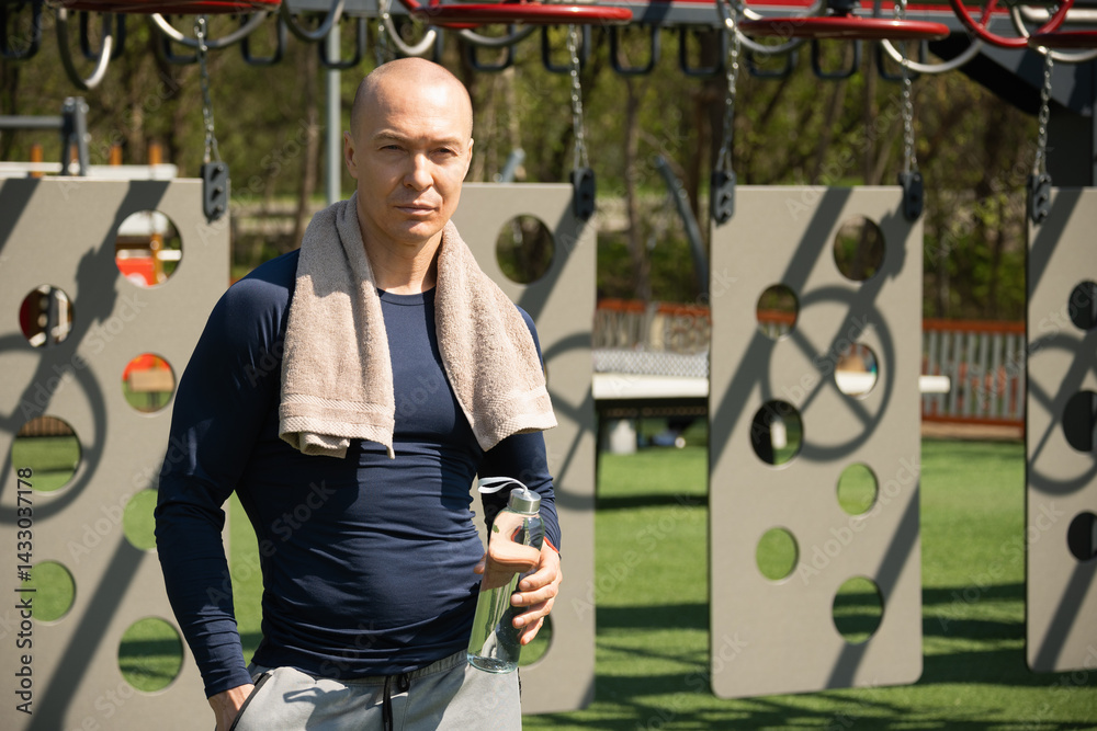 Portrait of serious athlete sports man with beige towel and bottle of water after training on sports ground. Outdoor gym, pull up bars in park.