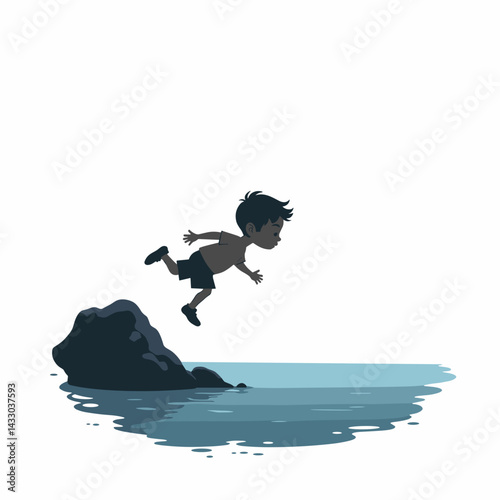 Boy jumping off rock into water