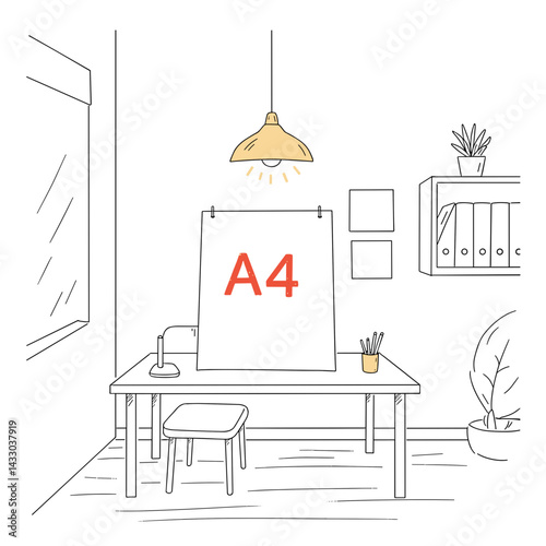 Minimalist workspace with A4 paper and desk lamp