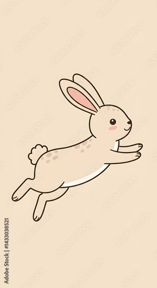 Obraz premium A charming cartoon rabbit with soft beige fur, rosy cheeks, and long ears is captured mid-leap against a gentle tan background, radiating playful energy.