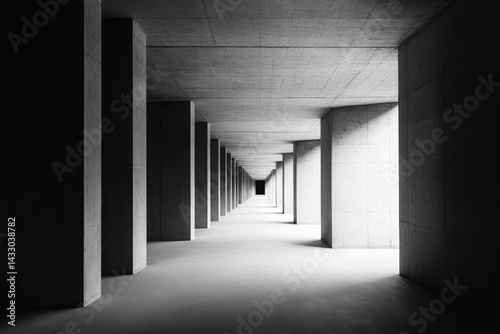 Empty,  long concrete hallway leading to a distant light source.