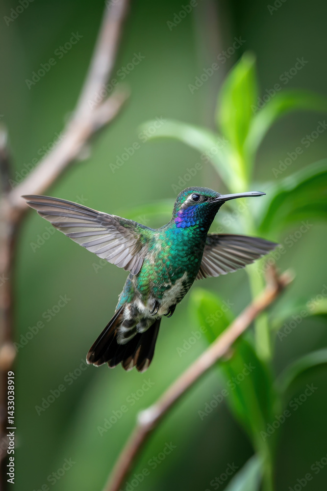 Fototapeta premium Graceful Hummingbird in Mid-Flight with Vibrant Green Feathers Against a Lush Natural Background
