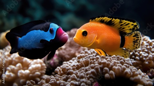 Two vibrant reef fish face each other near coral