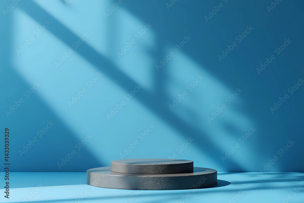 Minimal style Luxury mockup for product presentation. black stone podium on blue background with natural sunlight shadow, banner, front view stand stage for natural skin care and cosmetic design Minimal style Luxury mockup for product presentation. black stone podium on blue background with natural sunlight shadow, banner, front view stand stage for natural skin care and cosmetic design