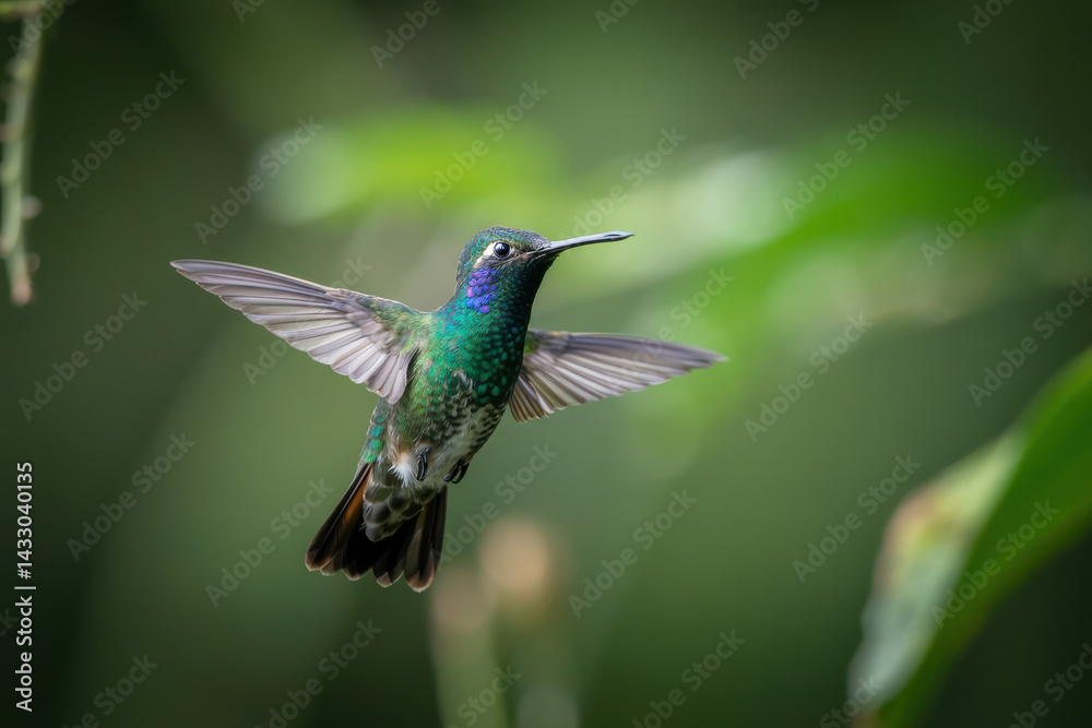 Fototapeta premium Colorful Hummingbird in Mid-Flight Surrounded by Lush Greenery in Tropical Paradise