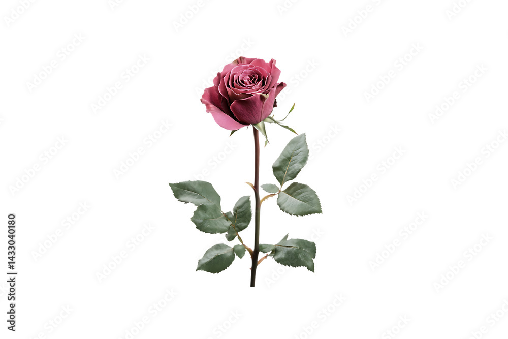 Fototapeta premium Transparent background single pink rose with leaves and stem
