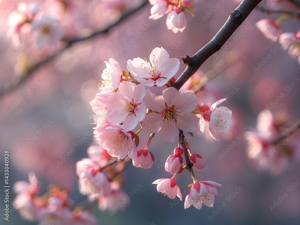 Fototapeta premium Gently blurred pink cherry blossom flowers in soft focus on a delicate branch with a beautiful bokeh background, ideal for serene spring visuals