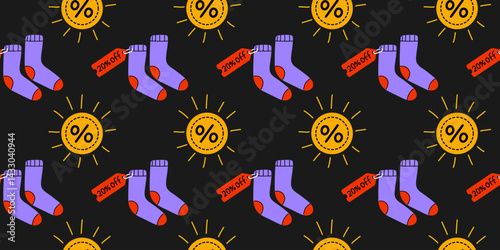 Colorful pattern featuring socks and discount tags on a dark background ideal for textile or fashion design purposes