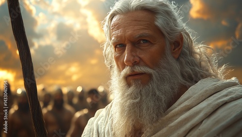 Elderly man with long white hair and beard, holding a staff, stands before a blurred army at sunset.