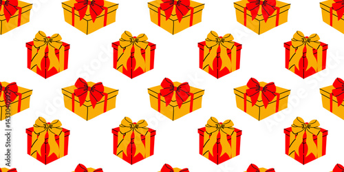 Brightly colored gift boxes with red bows arranged in a repetitive pattern on a white background