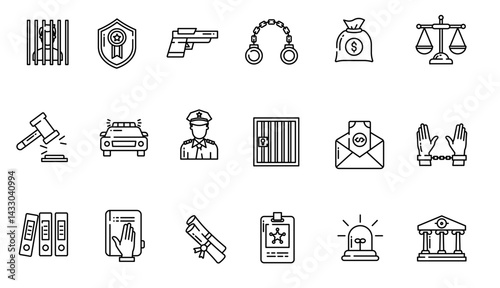 Law and justice set of web icons in linear style. Justice and law icons for web and mobile app. Legal documents. Law, judgement, prison, justice, court legal, lawyer, criminal. Vector illustration