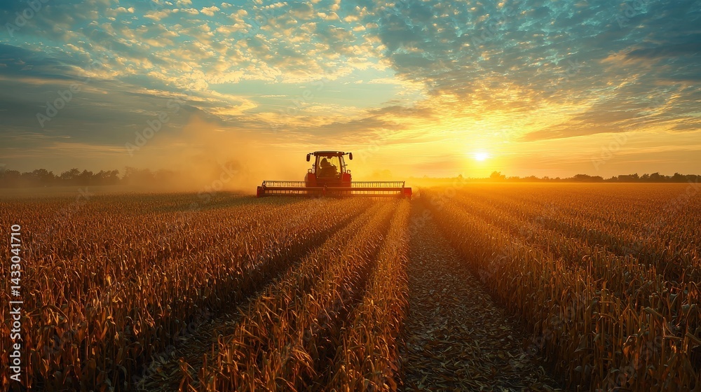 Fototapeta premium Golden sunset over a harvested field with a working agricultural machine.