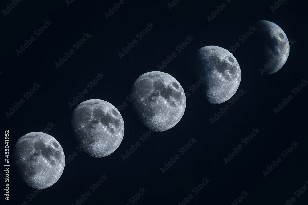 Naklejka premium Captivating Phases of the Moon in Dark Night Sky with Silvery Luminescence