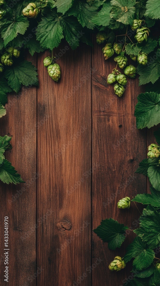 Detailed top view of green hops and fresh leaves on a rustic wooden surface, showcasing the beauty of nature in a brewery setting Detailed top view of green hops and fresh leaves on a rustic wooden surface, showcasing the beauty of nature in a brewery setting