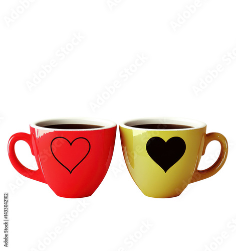 two coffee cups with heart design on white background.