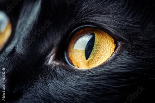 Close up yellow cat eyes of black cat copy space