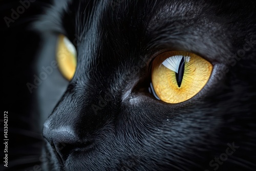Close up yellow cat eyes of black cat copy space