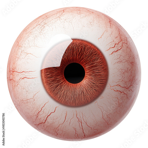 Detailed illustration of a human eyeball with visible veins and a brown iris.