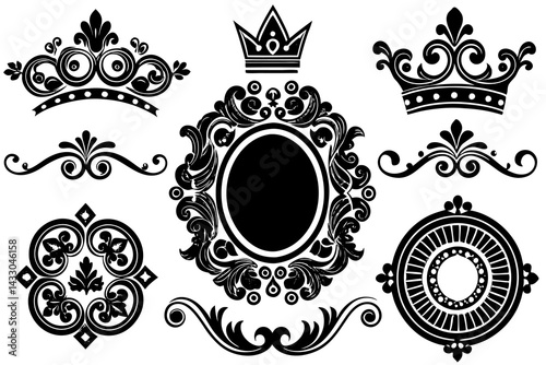 This decorative vintage frame design features an ornate floral pattern with a regal crown, evoking antique elegance