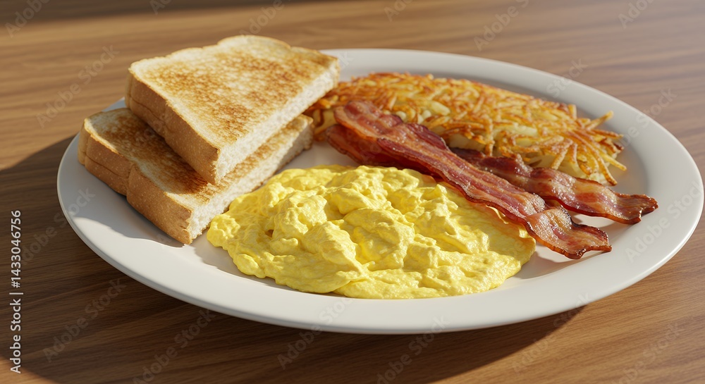 Delicious breakfast platter with eggs bacon and hashbrowns Delicious breakfast platter with eggs bacon and hashbrowns