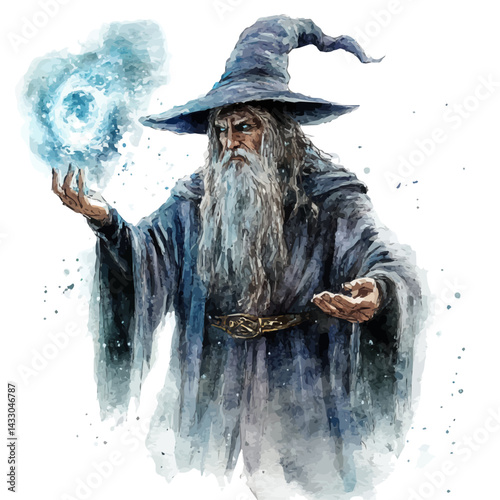 Wizard Casting Magic, watercolor vector, isolated on a white background.