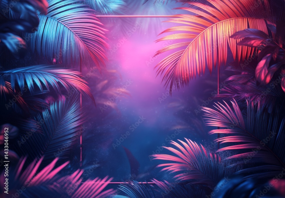 Neon-lit palm fronds frame a dark, hazy background, creating a vibrant, tropical scene with a surreal, glowing effect. Neon-lit palm fronds frame a dark, hazy background, creating a vibrant, tropical scene with a surreal, glowing effect.