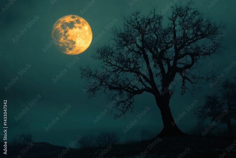 Fototapeta premium Spooky Forest Tree Silhouette Against Full Moon
