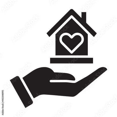 Hand giving house or home icon. Symbol of fundraising, compassion, philanthropy, giving, care, humanity. Vector illustration.