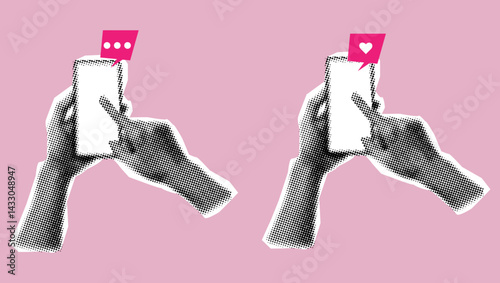 Trendy halftone collage hand holding phone, social media communication