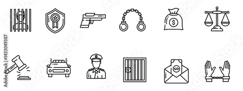  Law and justice set of web icons in linear style. Justice and law icons for web and mobile app. Legal documents. Law, judgement, prison, justice, court legal, lawyer, criminal. Vector illustration