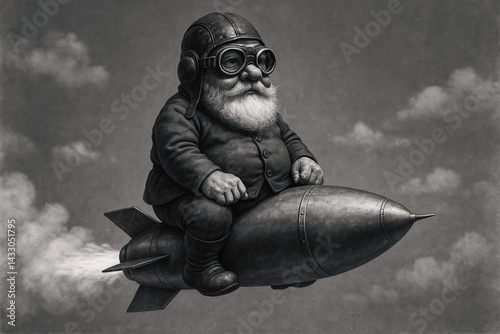 Vintage monochrome illustration: A whimsical gnome pilot, complete with helmet and goggles, humorously rides a speeding rocket through the clouds.