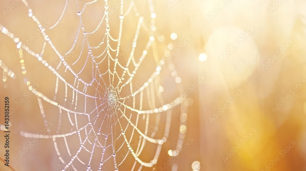Dew-Covered Spider Web Shimmering in Warm Golden Sunrise Light with Soft Natural Bokeh