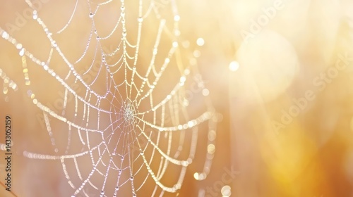 Obraz na płótnie Dew-Covered Spider Web Shimmering in Warm Golden Sunrise Light with Soft Natural Bokeh w salonie