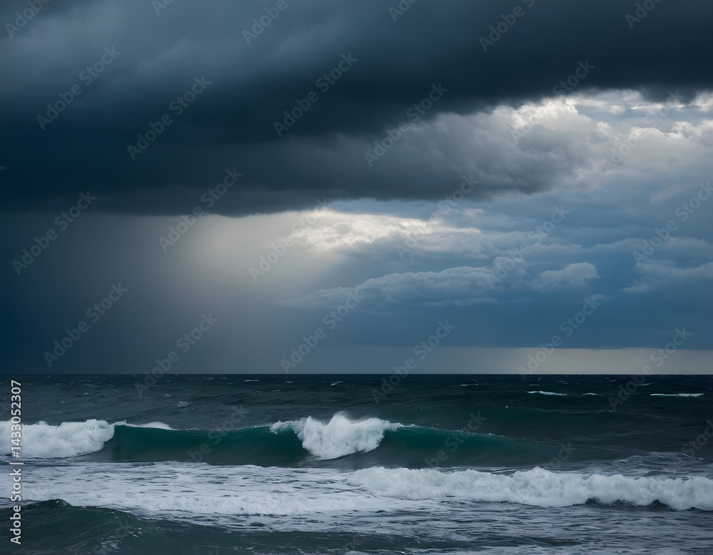 The ocean is rough and choppy, with dark clouds looming overhead, storm over the ocean, natural ocean landscape background The ocean is rough and choppy, with dark clouds looming overhead, storm over the ocean, natural ocean landscape background