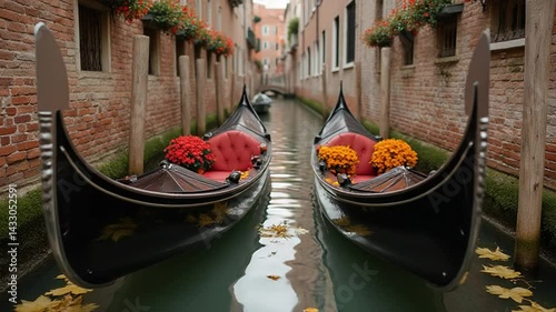 Serene Venetian Canal with Gondolas Surrounded by Floral Beauty