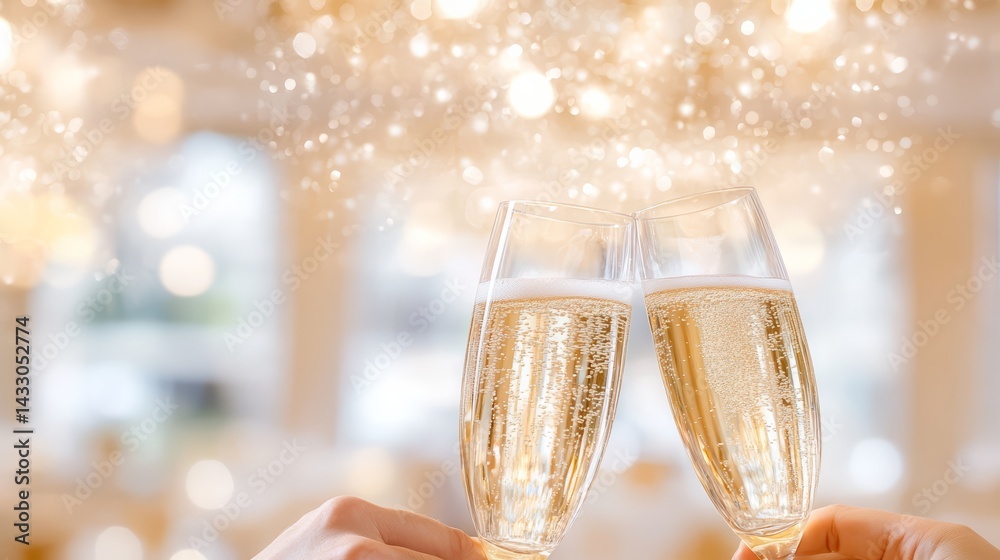 Close-Up of Hands Clinking Champagne Glasses in Elegant Celebration with Golden Bokeh Lights