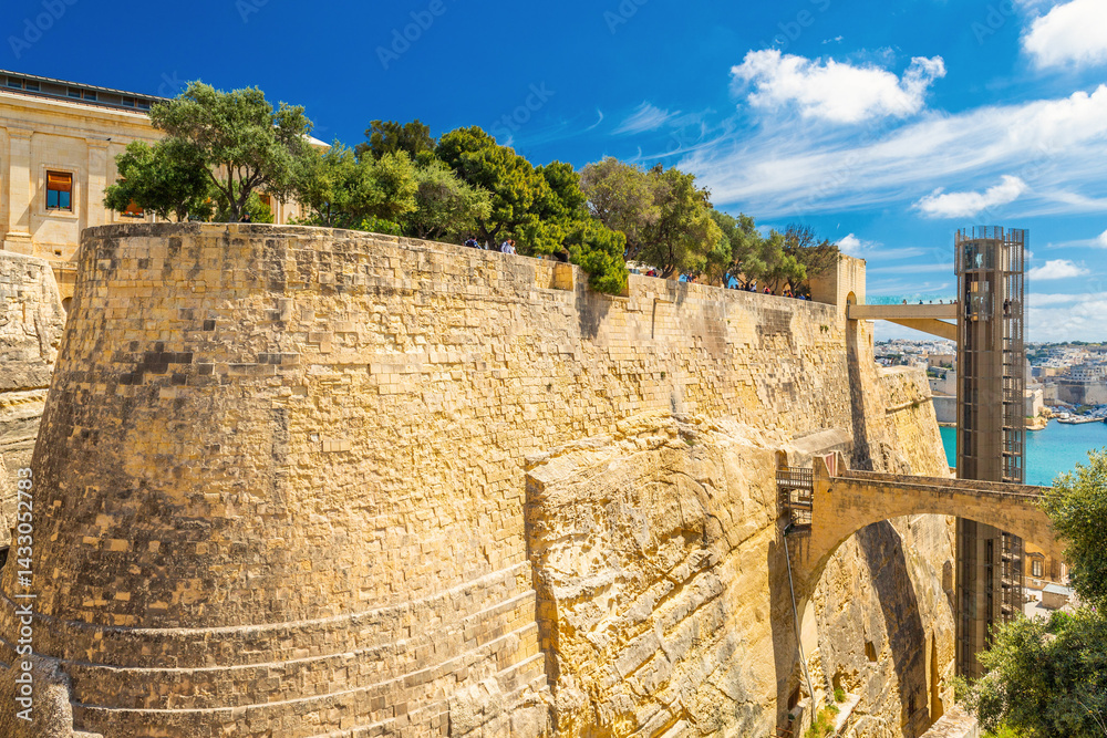 View of the Barrakka lift and fortified walls of Valletta, Malta