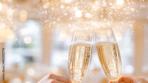Obraz na płótnie Close-Up of Hands Clinking Champagne Glasses in Elegant Celebration with Golden Bokeh Lights w salonie