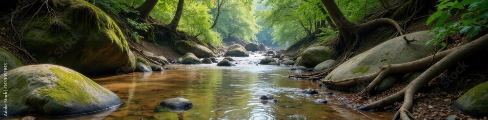 Muddy riverbank with moss-covered boulders and twisted tree roots, earthy, texture, landscape Muddy riverbank with moss-covered boulders and twisted tree roots, earthy, texture, landscape