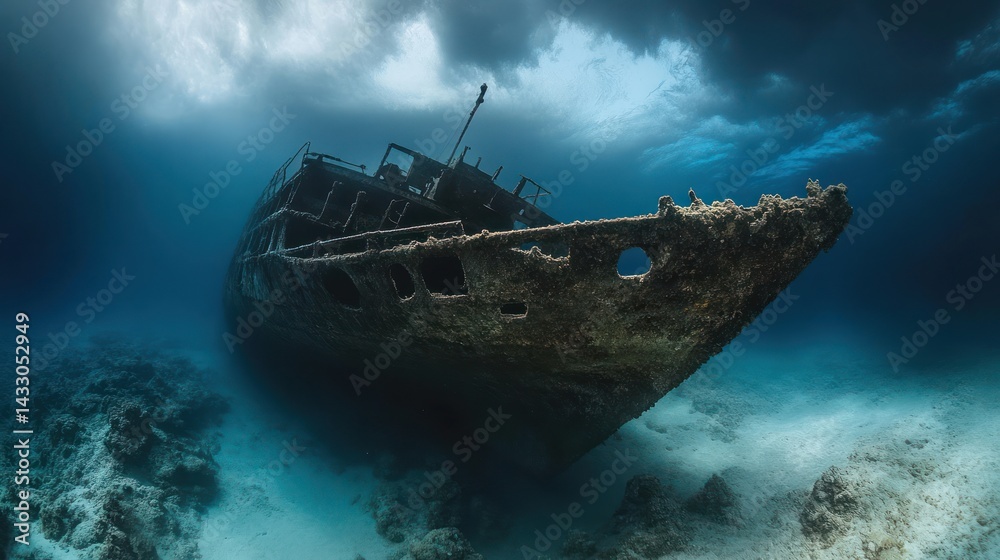 Fototapeta premium Underwater shipwreck, ocean floor, coral reef, cloudy sky, exploration