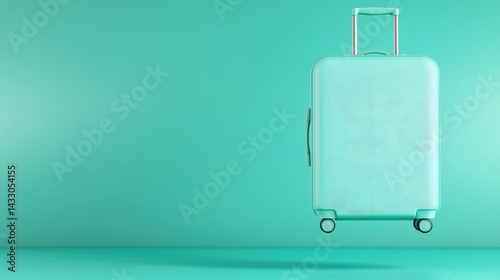 Teal suitcase floats against teal backdrop