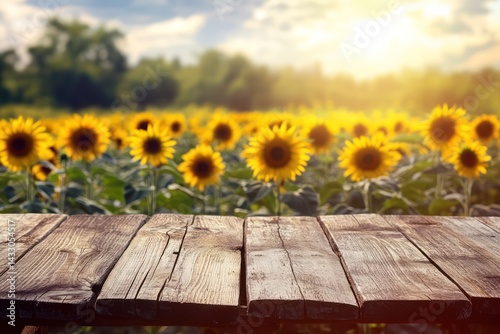 Rustic wooden table with sunflower field background