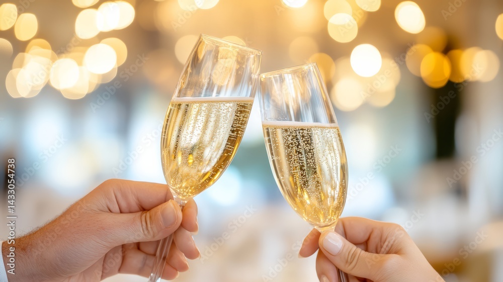 Close-Up of Hands Clinking Champagne Glasses in Elegant Celebration with Golden Bokeh Lights