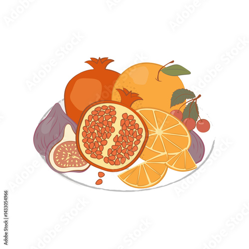 Summer Fruits on a Plate in boho style for packaging design and health content. For organic juice labels, snack wrappers, tea and eco-food boxes, summer detox blog posts, smoothie tutorials. Vector.