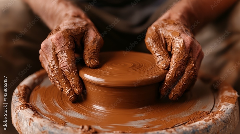 Hands Shaping Wet Clay on Spinning Pottery Wheel in Close-Up Artisan Ceramic Workshop Scene