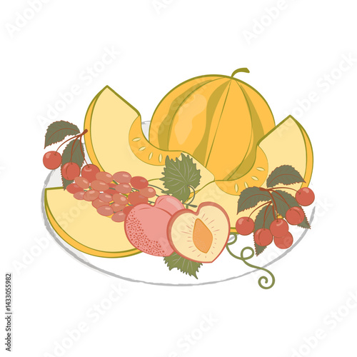 Summer Fruits on a Plate in boho style for packaging design and health content. For organic juice labels, snack wrappers, tea and eco-food boxes, summer detox blog posts, smoothie tutorials. Vector.