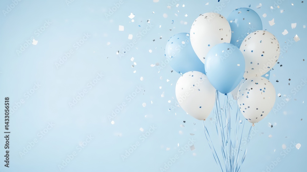 Blue and Gold Balloons with Confetti on Light Background for Festive Celebration or Party Decor